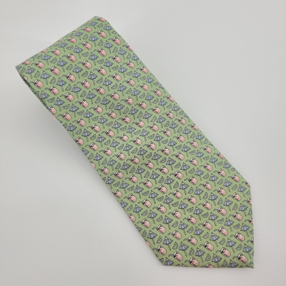 Vineyard Vines Mens Silk Tie Green Tropical Cocktail Coastal Whimsical USA